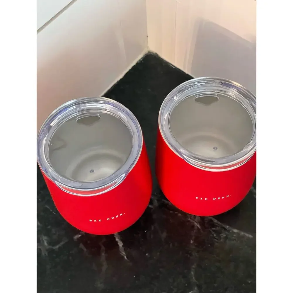 Rae Dunn set of 2 Stainless cherry Red Wine glasses 12oz love you.